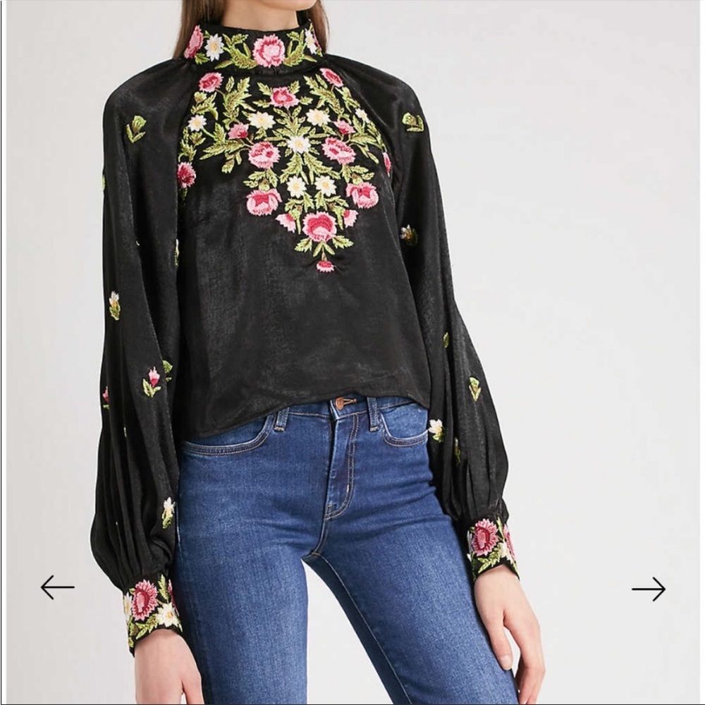 Free People | Black Embroidered Satin Blouse x-Small
